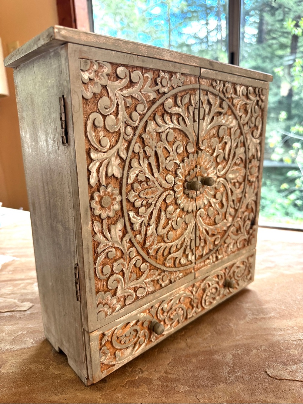 Cost Plus World Market Hand-Carved Wood Jewelry Box Cabinet in Distressed White
